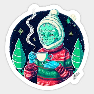 Christmas Funny Alien Drinking Coffee Wearing Sweater Sticker